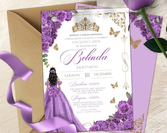 May include: Purple and gold Quinceañera invitation with a gold crown, butterflies, and a purple floral border. The invitation includes the text "Belinda" and the date "Saturday 18 December".