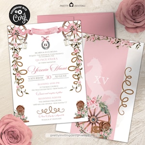 Pode incluir: Um convite de quinceañera rosa e marrom com um design floral. O convite apresenta uma ferradura, uma roda de carroça e um par de botas de cowboy. O texto do convite diz "Yessenta Naomi" e inclui a data e a hora do evento.