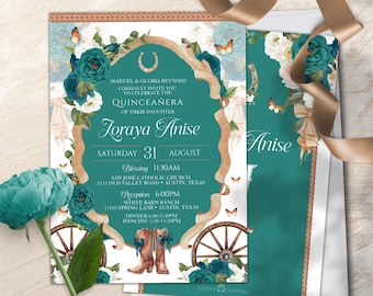 May include: Teal and white Quinceañera invitation featuring a floral design, a horseshoe, and a pair of cowboy boots. The invitation includes the name Joraya Anise, the date Saturday, 31st August, and the times for the blessing and reception. The text "Pretty Inviting" is at the top and bottom of the invitation.