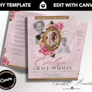 May include: A DIY template for a memorial service program. The design features a portrait of a woman in a gold frame, surrounded by pink roses. The program includes the text "Celebrating the Life of Evelyn Grace Norman."
