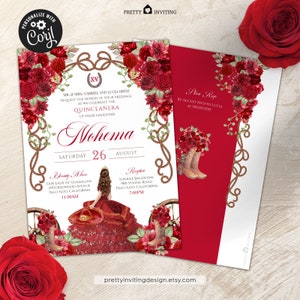 EDITABLE Red Charro Quinceañera Invitation, Fancy Red Rose Floral 2, Red Charro Vestido, Rustic Western Quinceanera Corjl Template - V5