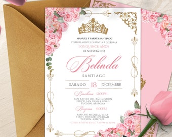 EDYCJA - Elegancka różowa róża Quinceañera, luksusowa różowo-złota tiara na 15. urodziny, Quince Años, jasnoróżowe złote zaproszenie na Quinceanera