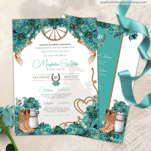 Turquoise Blue Rose Rustic Charro, 15th Birthday Invite, Cowgirl Boots Vaquera, Country Western Teal Turquoise Charra Quinceañera Invitation