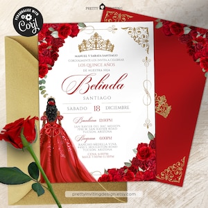 EDITABLE- Elegant Red Rose Quinceanera, Luxe Red and Gold Tiara 15th Birthday Invite, Red & Gold Vestido Red Gown Quinceañera Invitation V3