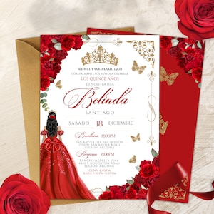EDITABLE- Elegant Red Rose Quinceanera, Luxe Red and Gold Butterfly Birthday Invite, Red & Gold Butterfly Floral Quinceañera Invitation