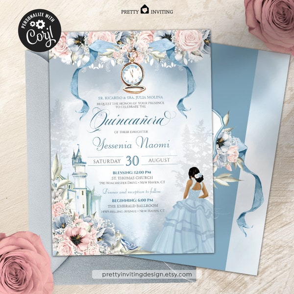 Cinderella Princess Quinceanera, Light Blue & Pink Floral Fairytale Castle, Princess Quinceañera Invitation -V1