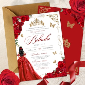 Elegant Red Rose Quinceanera, Luxe Red and Gold Butterfly Birthday Invite, Red & Gold Butterfly Floral Quinceañera Invitation Template V2