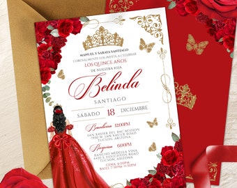 Elegant Red Rose Quinceanera, Luxe Red and Gold Butterfly Birthday Invite, Red & Gold Butterfly Floral Quinceañera Invitation Template V2