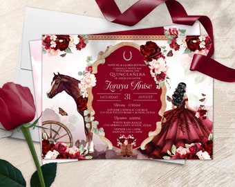 May include: A quinceañera invitation featuring a horse, flowers, and a woman in a red dress. The invitation includes event details such as the date, time, and location. The design incorporates a horseshoe and floral accents.