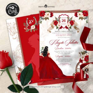 May include: Red and white floral Quinceañera invitation with a horseshoe and a silhouette of a woman in a red dress. The invitation includes the date "Sabado 26 Julio" and the name "Mayete Julietta".