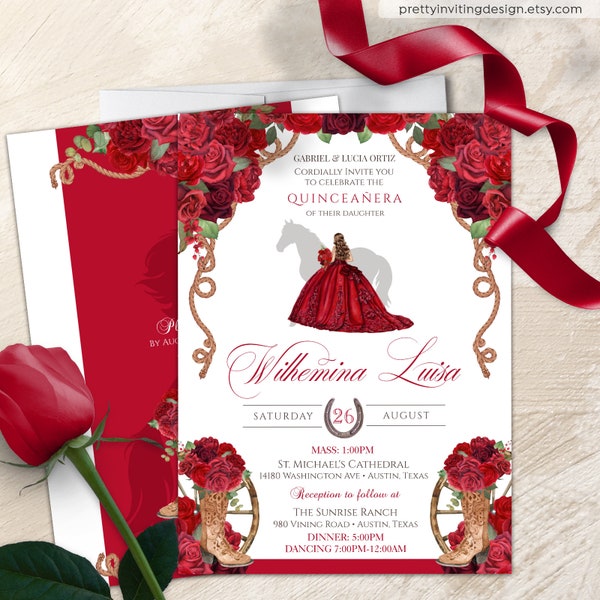 Red Charro Elegant Quinceañera Invitation, Red Charra Western Birthday, Cowboy Boots Floral, Red Rose Horse Ranch Quinceanera Invitation V4