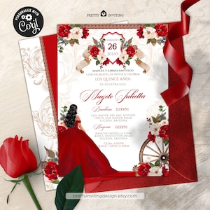 May include: A Quinceañera invitation with a red, white, and gold color scheme. The invitation features a floral design with a red wagon wheel and a woman in a red dress. The text on the invitation reads "Mayete Julietta" and includes the date "Sabado 26 Julio".