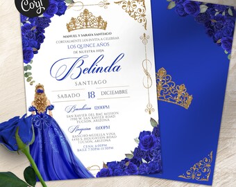 Puede incluir: Una invitación a una Quinceañera con un esquema de color azul y dorado. La invitación presenta un vestido azul con una corona dorada, rosas azules y brillo dorado. El texto en la invitación dice "Belinda" y "Los Quince Años".