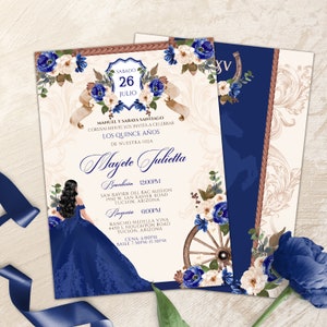 Editable Western Royal Blue & Gold Quinceañera Invitation