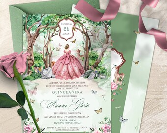 Enchanted Forest Sage Green & Pink Quinceanera Invitation, Magical Woodland Butterfly Quinceañera, Fairytale Forest Invitation Template V4