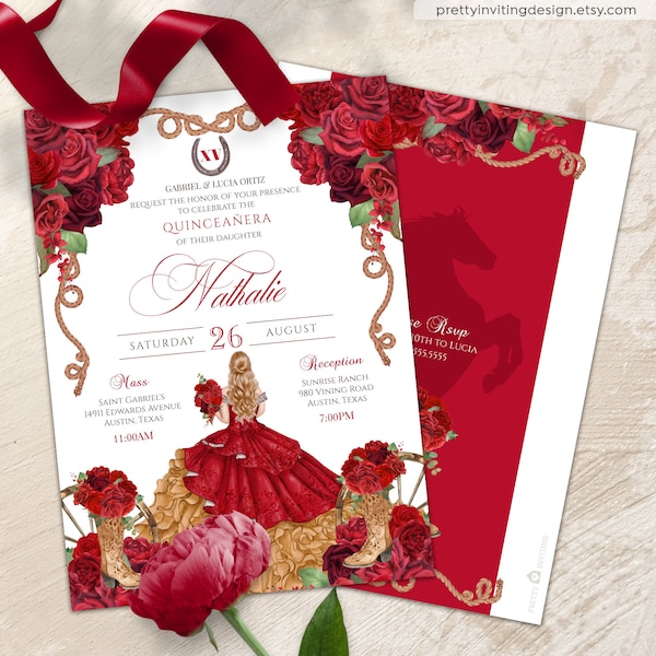 Red Roses Charro Quinceañera Invitation, Elegant Red Charra Western Birthday, Charro Vestidos, Red Elegant Ranch Quinceanera Invitation V4