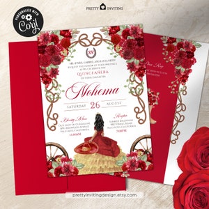 EDITABLE: Red Charro Quinceañera Invitation, Fancy Red Floral, Red Gold Charra Vestido, Rustic Red Charro Western Quinceanera Template - V2