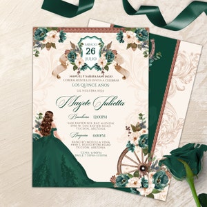 May include: A green and white quinceañera invitation with a floral design and a wagon wheel. The invitation includes the date "Saturday, July 26th" and the name "Mayete Julietta".