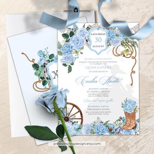 May include: A quinceañera invitation featuring a light blue floral design with roses, a horseshoe, and a cowboy boot. The invitation includes the date, time, and location details for the event. The text reads "Cecilia Anette".