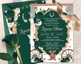 May include: A green and white floral design with a horseshoe and wagon wheel accents. The text reads "Joray Anise Quinceañera" with the date and time of the event.