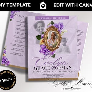 Könnte beinhalten: Eine lavendelfarbene Trauerprogrammvorlage mit einem goldenen Rahmen und lila Rosen. Das Programm enthält den Namen "Evelyn Grace Norman", Daten und den Text "Celebrating the Life of". Das Design enthält auch den Text "DIY TEMPLATE" und "EDIT WITH CANVA".