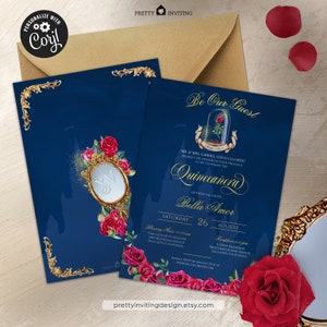La Bella y la Bestia, Rosa Encantada, Princesa Real, Sé Nuestro Invitado, Azul Marino, Rojo y Dorado, Invitación de Quinceañera