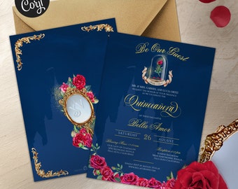 May include: A blue and gold invitation for a Quinceañera, featuring a silhouette of a castle, a rose in a glass dome, and a mirror with a red rose design. The text reads "Be Our Guest" and "Quinceañera Bella Amor".