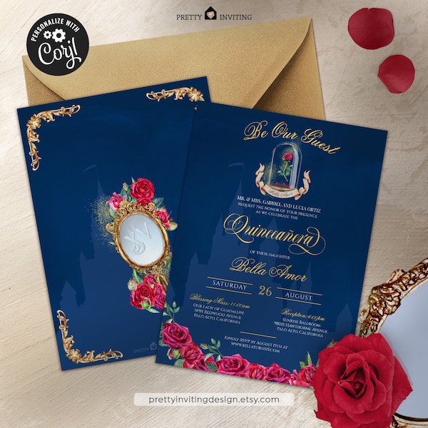 Beauty and the Beast, Enchanted Rose, Royal Princess, Be Our Guest, Navy Blue Red & Gold, Quinceañera Invitation