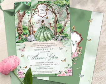 Enchanted Forest Sage green & Pink Quinceañera Invitation, Magical Woodland Butterfly Quinceanera, Fairytale Forest Birthday Invitation V3
