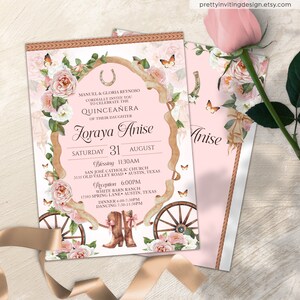 Quinceañera vaquera con coqueta rosa, 15.° cumpleaños, invitación de quinceañera charra rosa ruborizada, invitación vaquera rústica con corazón rosa VV1