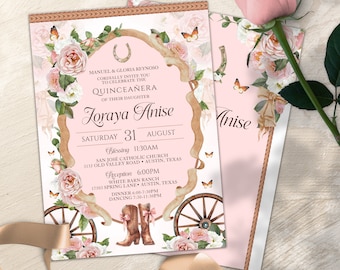 Pink Coquette Western Quinceanera, 15th Birthday, Blush Pink Charro Quinceañera Invitation, Rustic Pink Sweetheart Charra Western Invite VV1