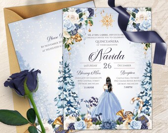 Winter Wonderland Quinceañera Invitation, Blue Winter Sweet 16 Template, Christmas Birthday V1