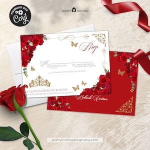 Elegante tarjeta RSVP de quinceañera con rosa roja, tarjeta de respuesta de lujo con mariposa roja y dorada, plantilla de tarjeta de respuesta RSVP de quinceañera con flores rojas y doradas