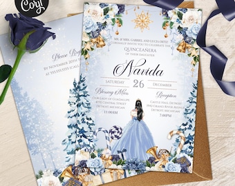 Winter Wonderland Quinceañera Invitation Template, Blue Christmas Birthday Sweet Sixteen V2