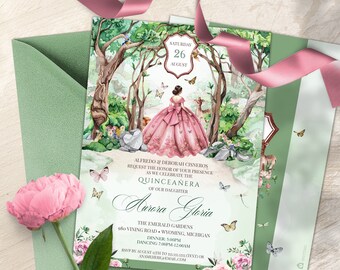 Enchanted Forest Sage Green & Pink Quinceanera Invitation, Magical Woodland Butterfly Quinceañera, Fairytale Forest Invitation Template V3