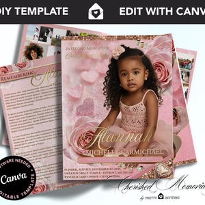 May include: A pink DIY template for a memorial service, featuring a photo of a young girl named Alannah. The design includes roses, hearts, and the text "In Loving Memory". The template is editable with Canva.