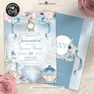 Cinderella Princess Quinceanera, Light Blue & Pink Floral, Elegant Carriage, Fairytale Castle, Princess Quinceañera Invitation