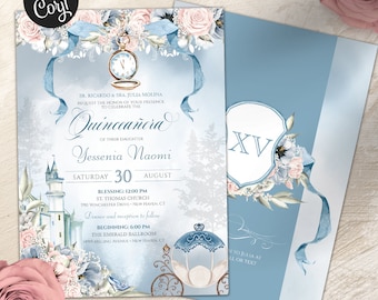 Cinderella Princess Quinceanera, Light Blue & Pink Floral, Elegant Carriage, Fairytale Castle, Princess Quinceañera Invitation