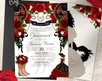 Mariachi schwarzer und roter Charro eleganter Blumenquitten-Geburtstag laden ein, rote Vaquera-Quitte, rustikale Einladung