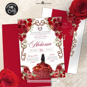 EDITABLE Red Charro Quinceañera Invitation, Fancy Red Rose Floral 2, Red Charro Vestido, Rustic Western Quinceanera Corjl Template - V3