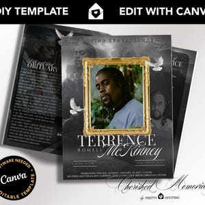 Black Tabloid Funeral Memorial Program, 8.5&quot; x 11&quot; Bifold, Somber Heaven Booklet, Obituary Design for Men, 8 Page, Black Gold Canva Template