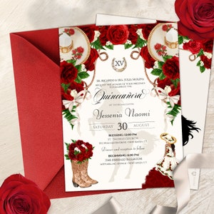 Mariachi White and Red Charro Elegant Floral Quince Birthday Invite, Red White aquera Quince, Rustic Charra Quinceañera Invitation V1