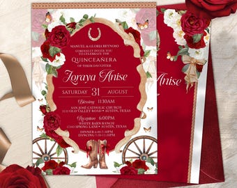 Quinceañera elegante estilo western con coqueta en rojo intenso, 15.º cumpleaños, invitación charra roja para quinceañera, invitación rústica estilo western con corazón charro VV1