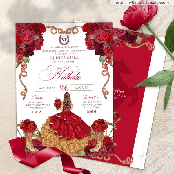 Red Roses Charro Quinceañera Invitation, Elegant Red Charra Western Birthday, Charro Vestidos, Red Elegant Ranch Quinceanera Invitation V3