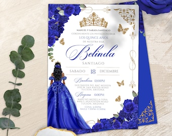 Puede incluir: Una invitación a una Quinceañera con un esquema de color azul y dorado. La invitación presenta una ilustración digital de una joven con un vestido azul y una corona. El texto de la invitación dice "Los Quince Años de Nuestra Hija Belinda Santiago" e incluye detalles sobre la celebración, incluyendo la fecha, la hora y el lugar.