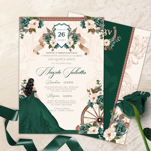 May include: A Quinceañera invitation with a green and white floral design. The invitation features a watercolor illustration of a young woman in a green gown, a wagon wheel, and a horseshoe. The text on the invitation reads "Sábado 26 Julio" and "Mayete Julietta".