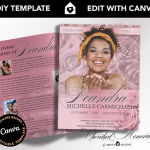 Blush Pink Funeral Memorial Program, 8.5&quot; x 11&quot;, Celebration of Life, Pink Roses Booklet, Feminine Obituary Design, 8 Pages, Canva Template