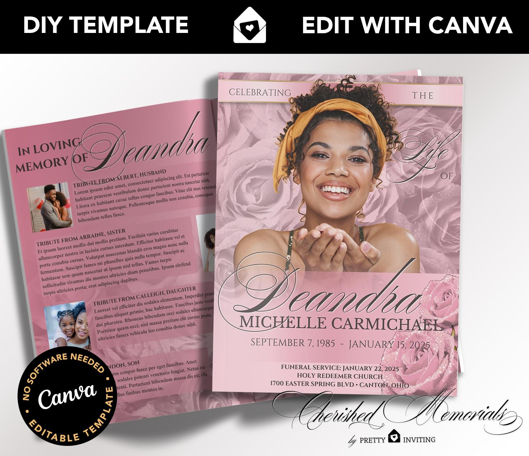 Blush Pink Funeral Memorial Program, 8.5" x 11", Celebration of Life, Pink Roses Booklet, Feminine Obituary Design, 8 Pages, Canva Template