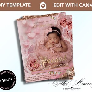Könnte beinhalten: Rosa Gedenkkarten-Vorlage mit Babyfoto, Rosen und dem Namen "Alannah". Die Karte enthält den Text: "In Loving Memory of Our Angel Baby", "Michelle Carmichael" und Details zur Beerdigung. Das Design zeigt Glitzer und Herz-Akzente.