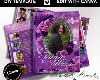 Feminine Funeral Program, Tabloid Size Folds to 8.5x11&quot;, In Loving Memory, Velvet Rose Booklet, Adult Obituary Design, 8-Page Canva Template
